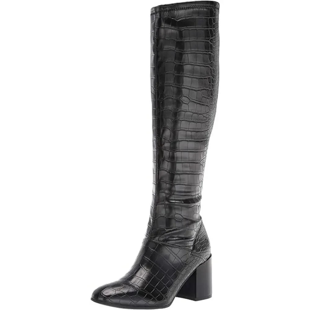 NWT Franco Sarto Tribute Black Croc Faux Leather Knee High Boots WIDE Calf 8.5 M